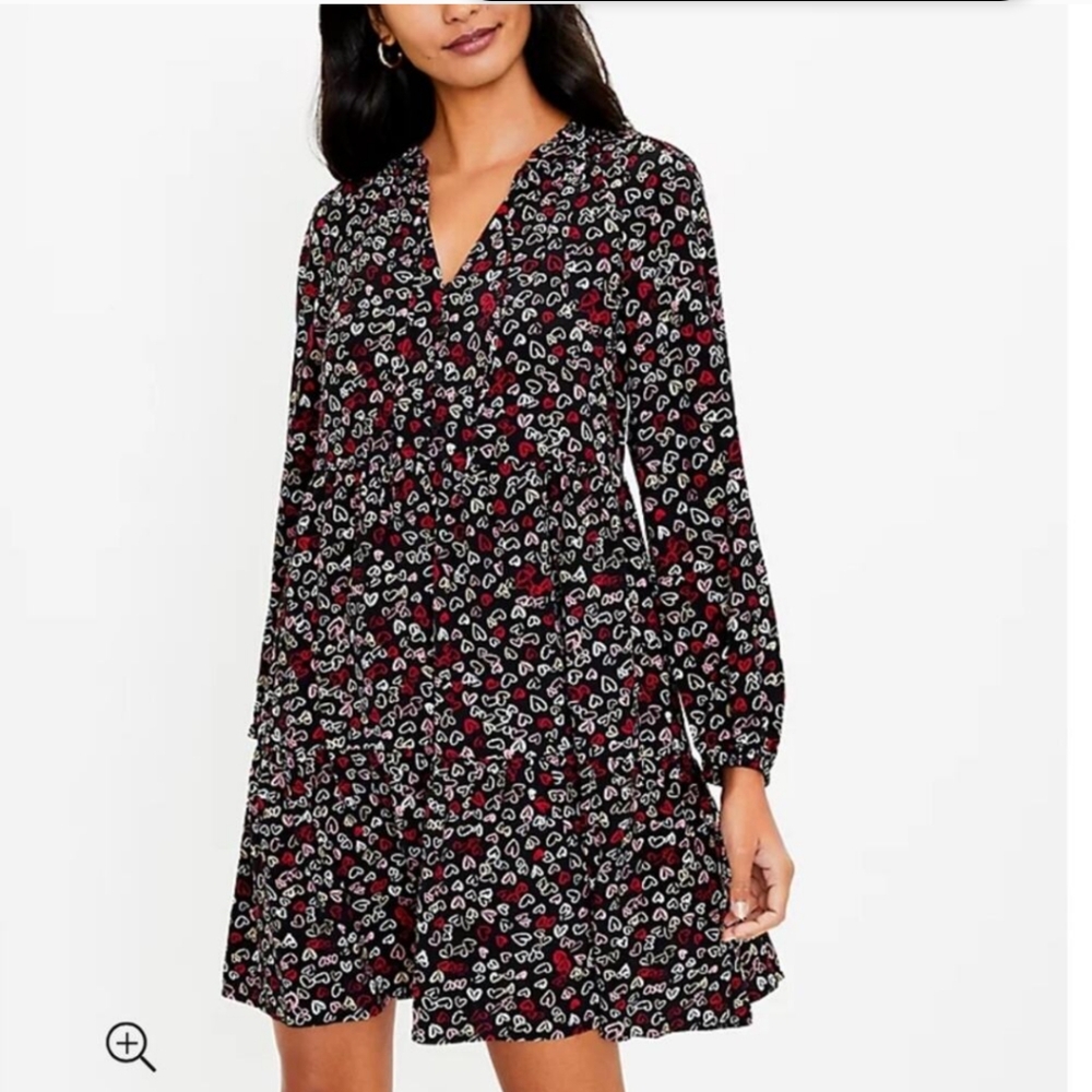 LOFT All Over Heart Print Tie Neck Tiered Babydoll Long Sleeve Swing Dress XS